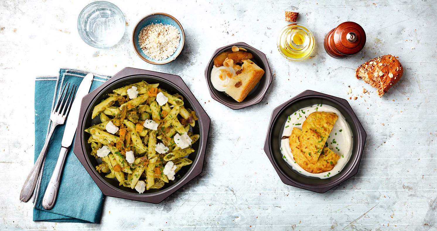 Penne au pesto de mache, ratatouille d'hiver (Végétarien)